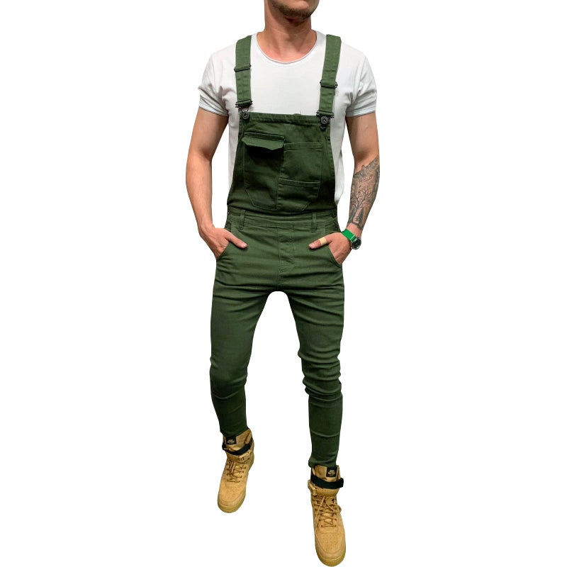 LONGBIDA Men's Denim Bib Overalls Fashion Slim Fit Jumpsuit with Pockets(Green,L) - Image 1